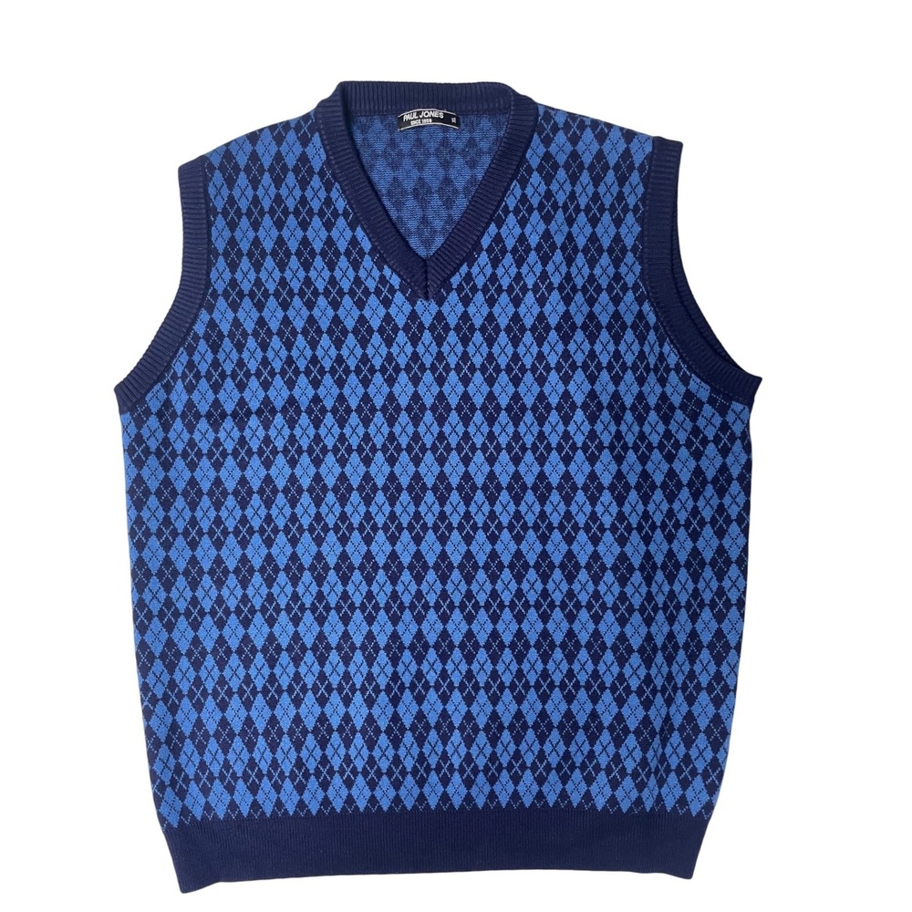 Paul Jones Preppy Argyle Blue V Neck Knit Sweater Vest Men's XL